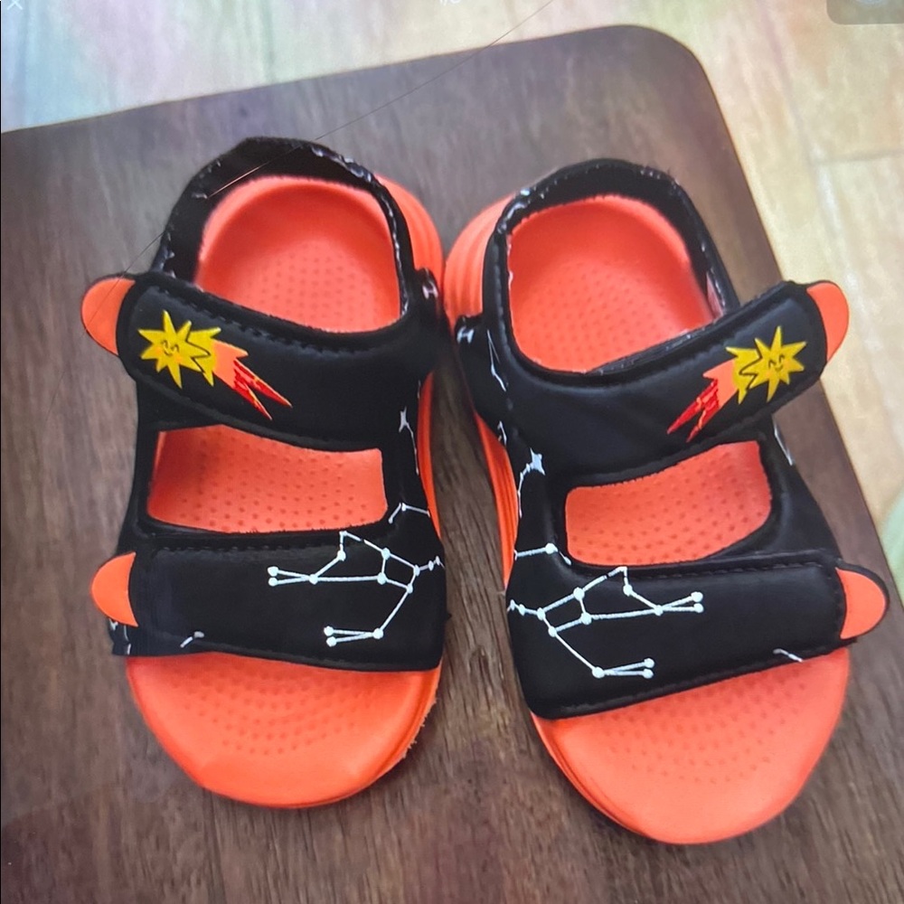 adidas Kids Black and Orange Space-Print Hook-and-Loop Sandals